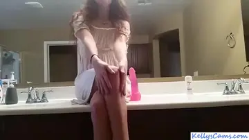 Webcam girl riding pink dildo on bathroom counter - KellysCams.com-27605927 new